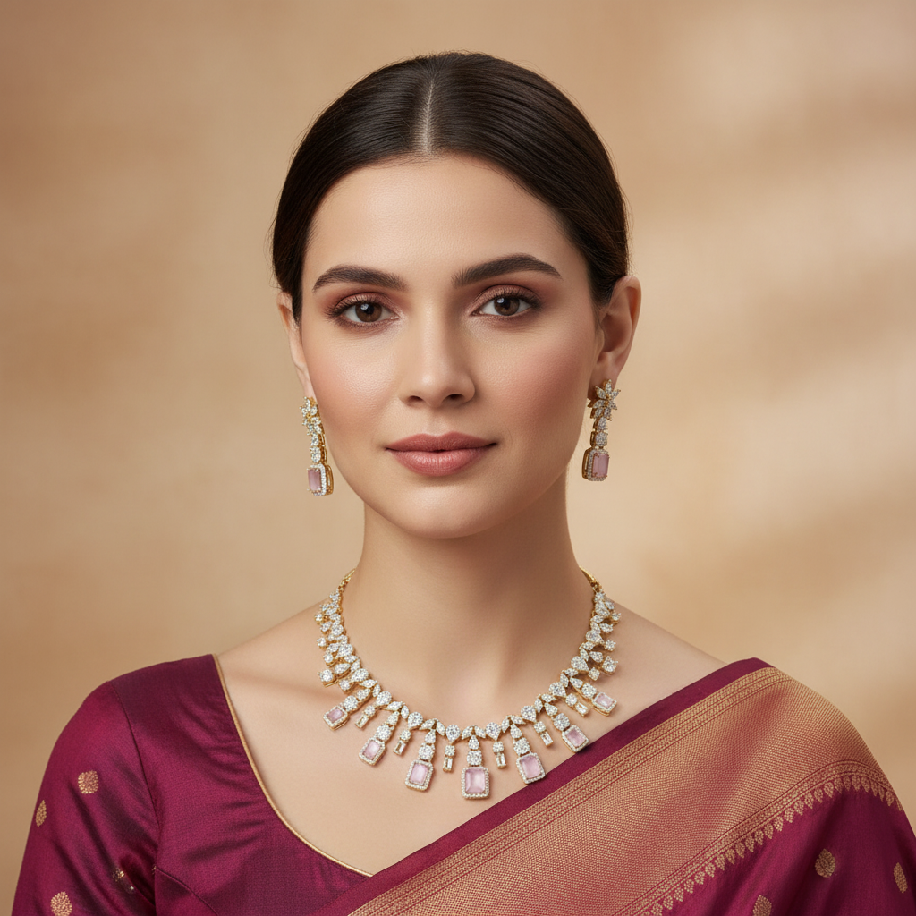 Pink Maniratna American Diamond Necklace set