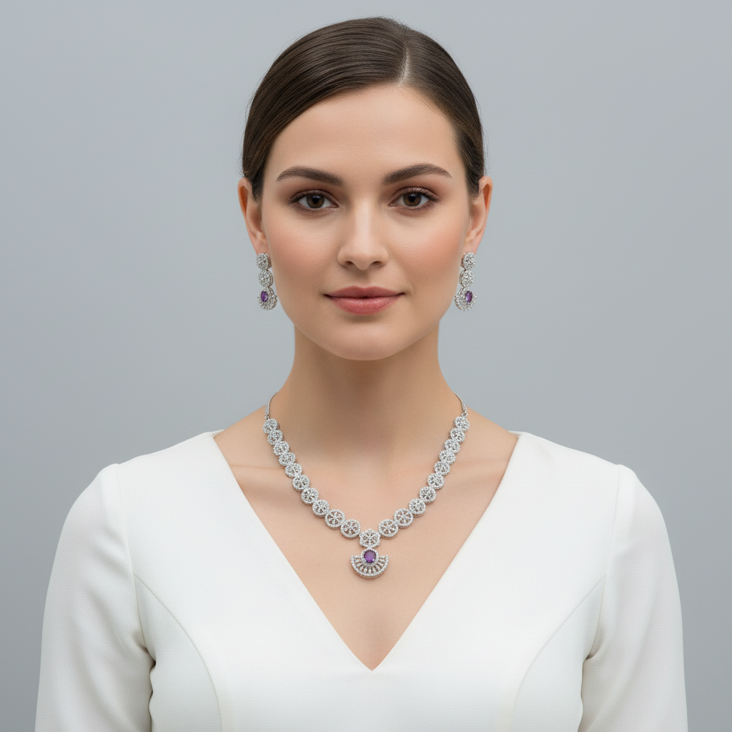 Purple Pushpanjali American Diamond Necklace set
