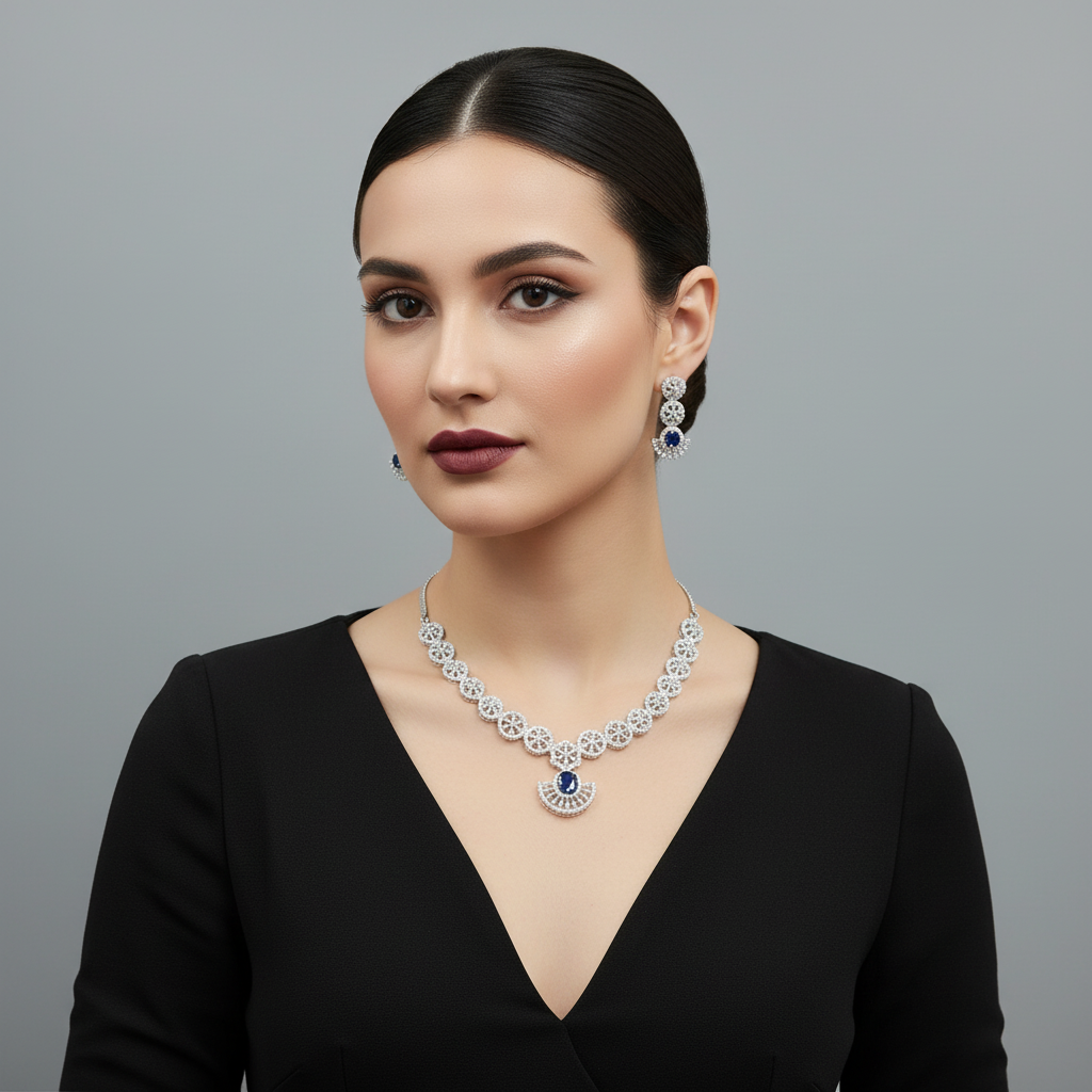 Royal Blue Pushpanjali American Diamond Necklace set