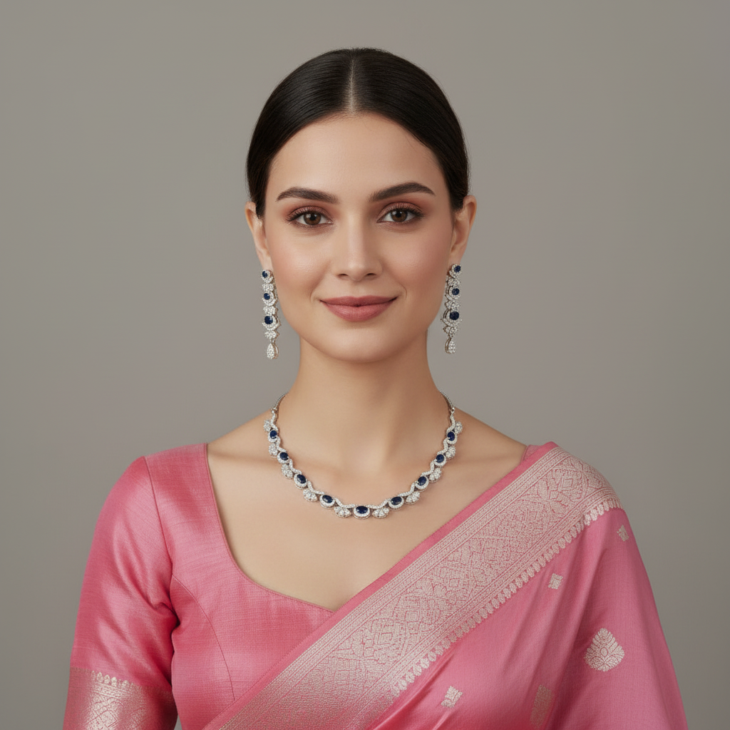 Royal Blue Hiranmayi American Diamond Necklace set