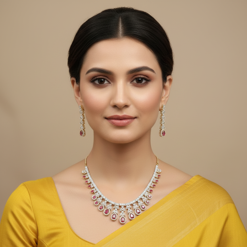 Magenta Charulata American Diamond Necklace set