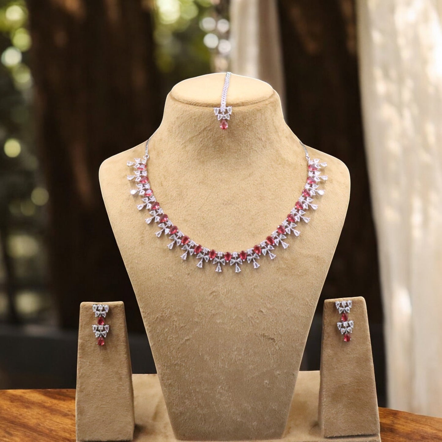 Dark Pink Sharvangi American Diamond Necklace set with Maangtika
