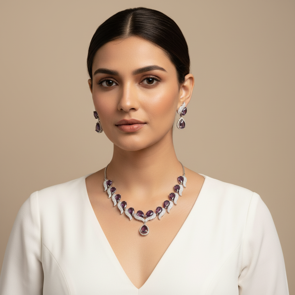 Purple Sattvika American Diamond Necklace set