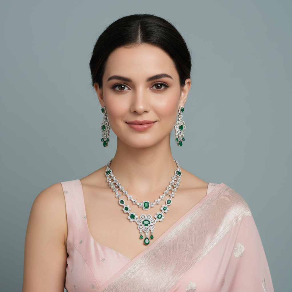 Emerald Kalavati American Diamond Necklace set