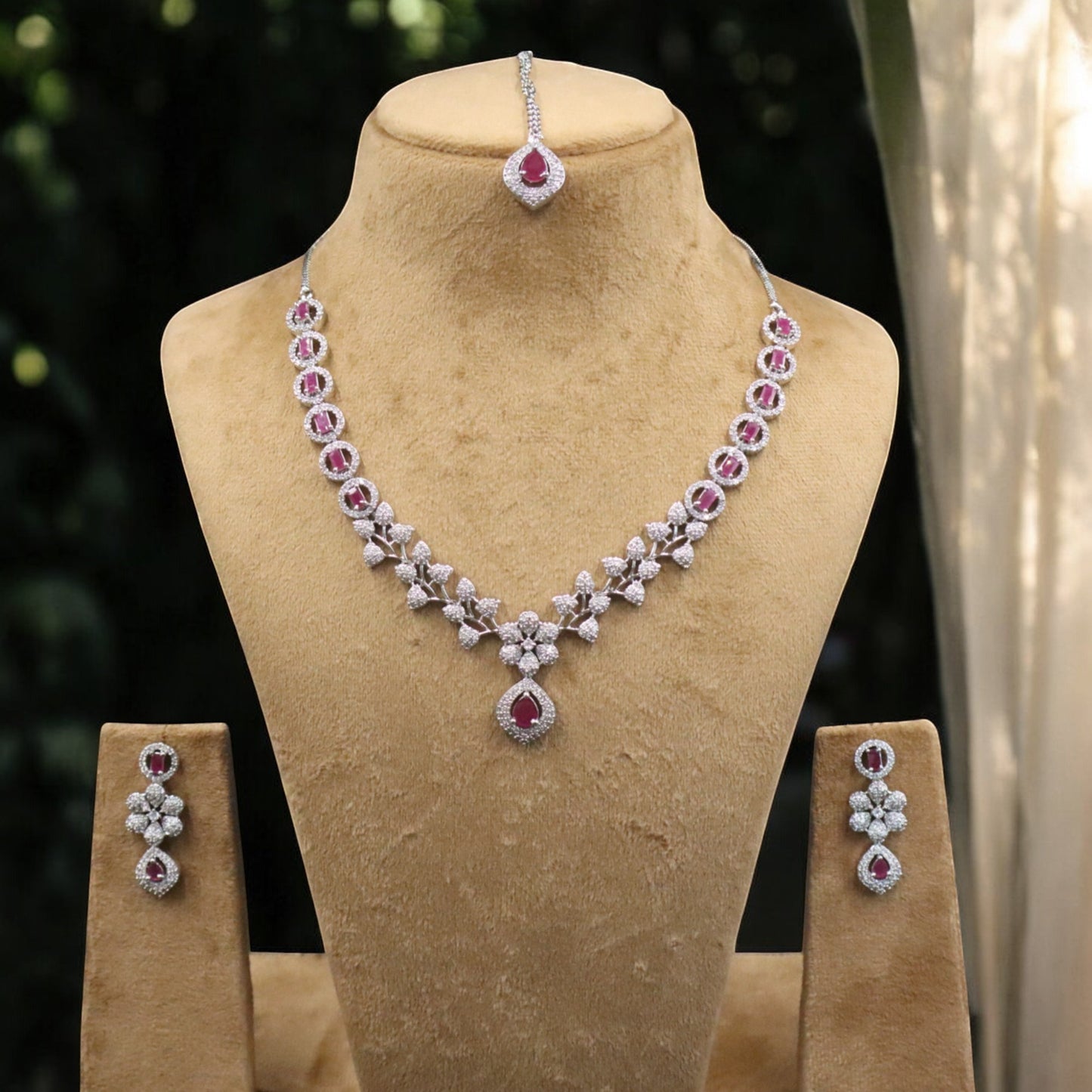 Magenta Manjari American Diamond Necklace set with Maangitka