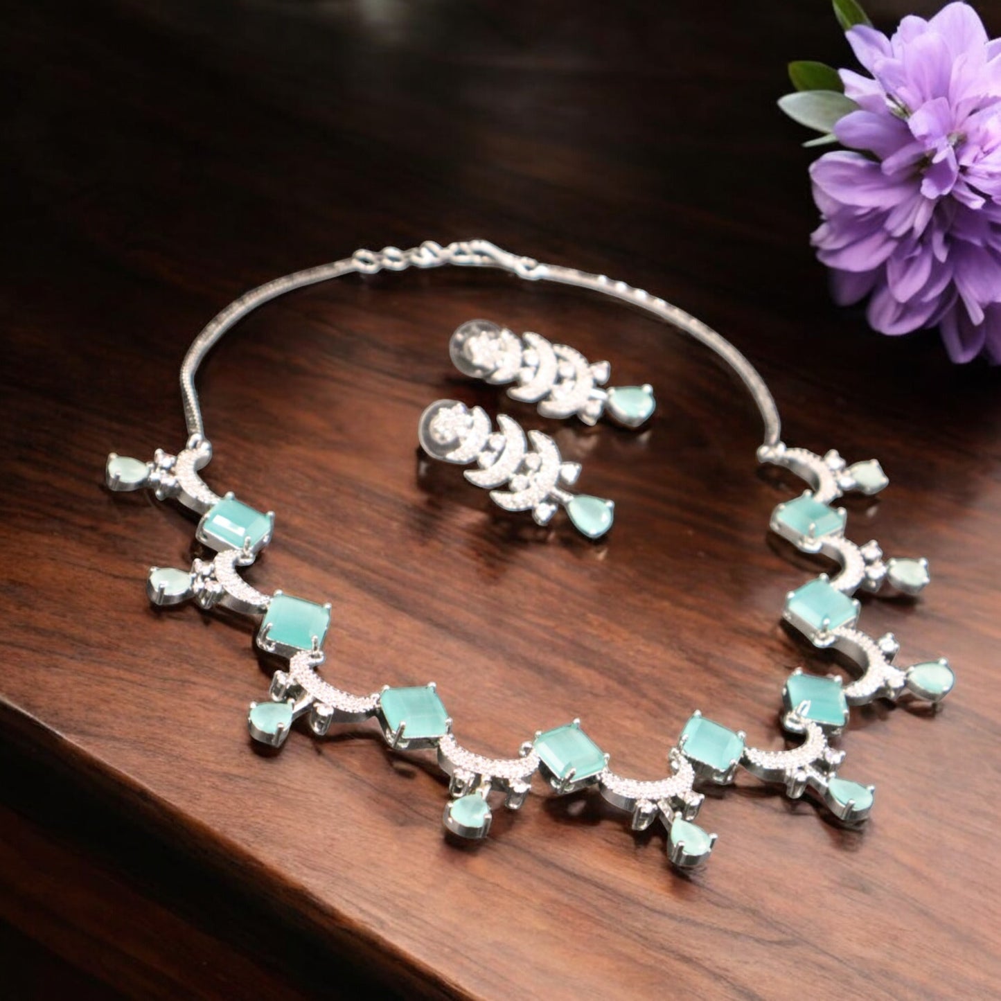 Turquoise Bhuvaneshwari American Diamond Necklace set