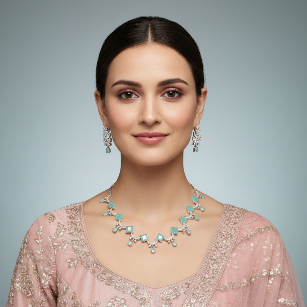 Turquoise Bhuvaneshwari American Diamond Necklace set