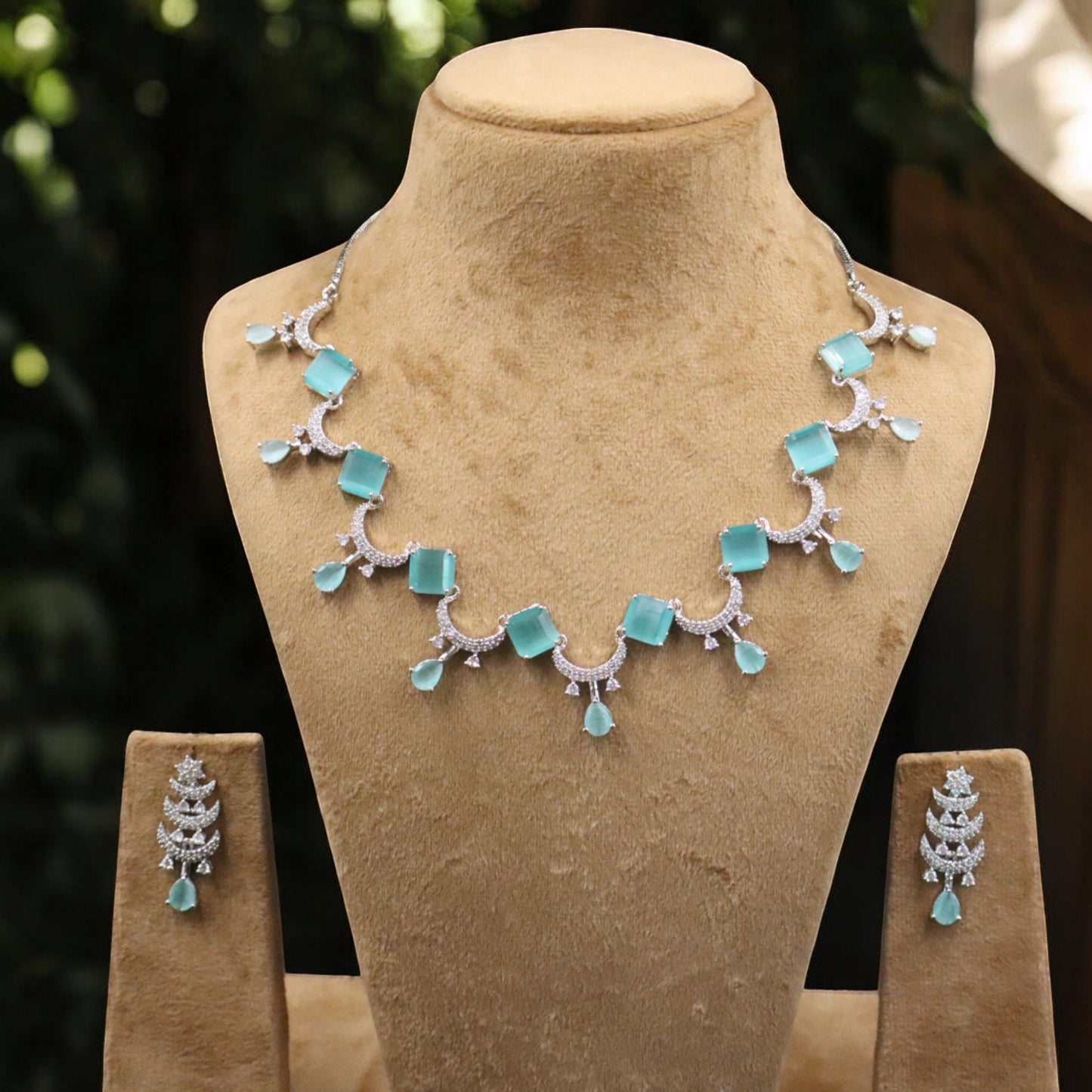 Turquoise Bhuvaneshwari American Diamond Necklace set