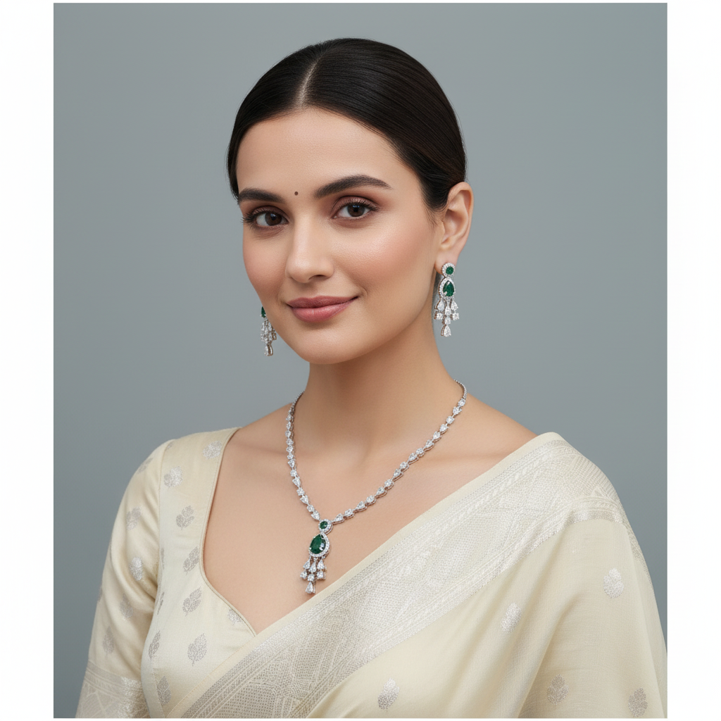 Emerald Vilasini American Diamond Necklace set