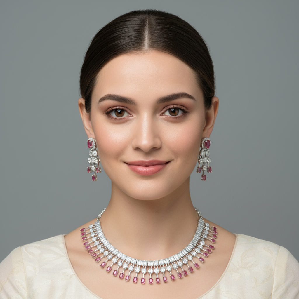 Dark Pink Devyani American Diamond Necklace set