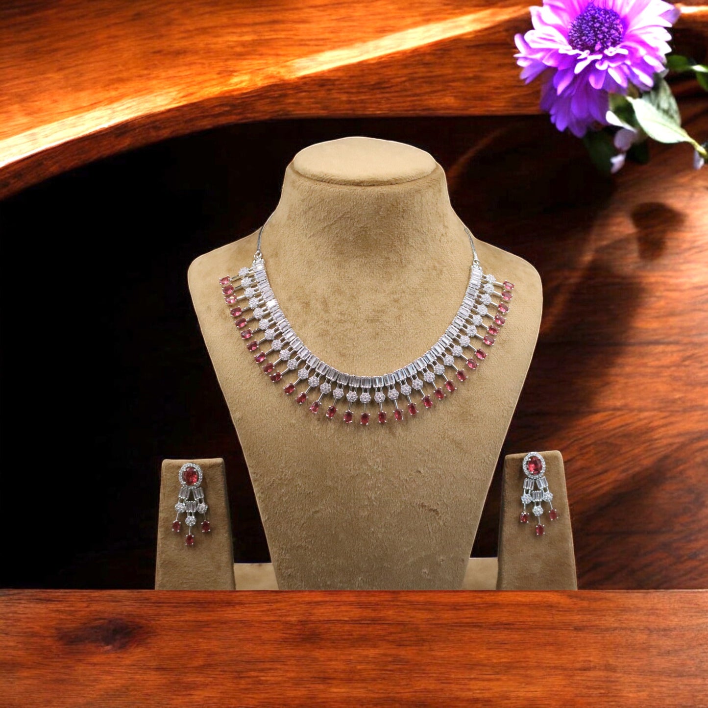 Dark Pink Devyani American Diamond Necklace set