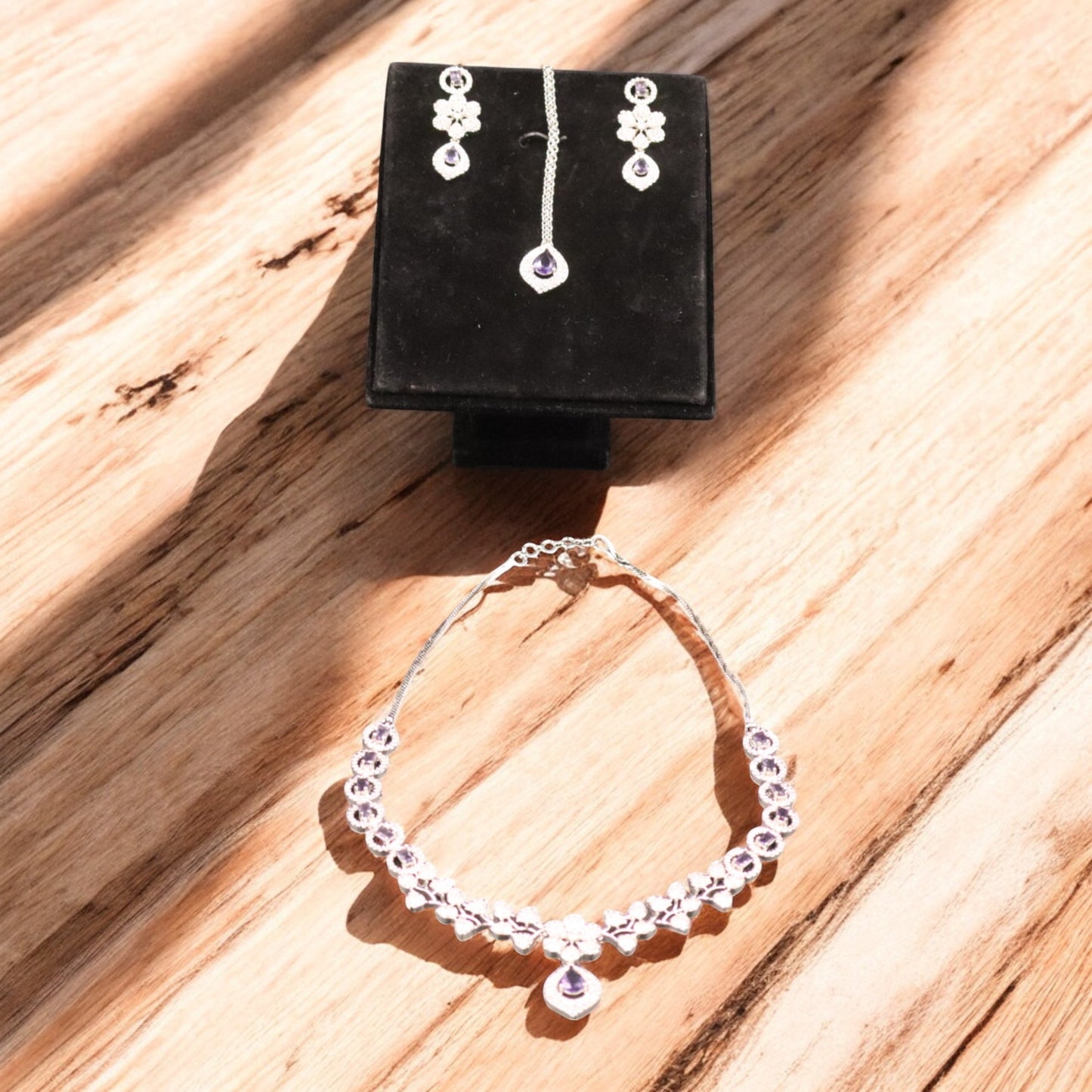 Purple Manjari American Diamond Necklace set with Maangtika
