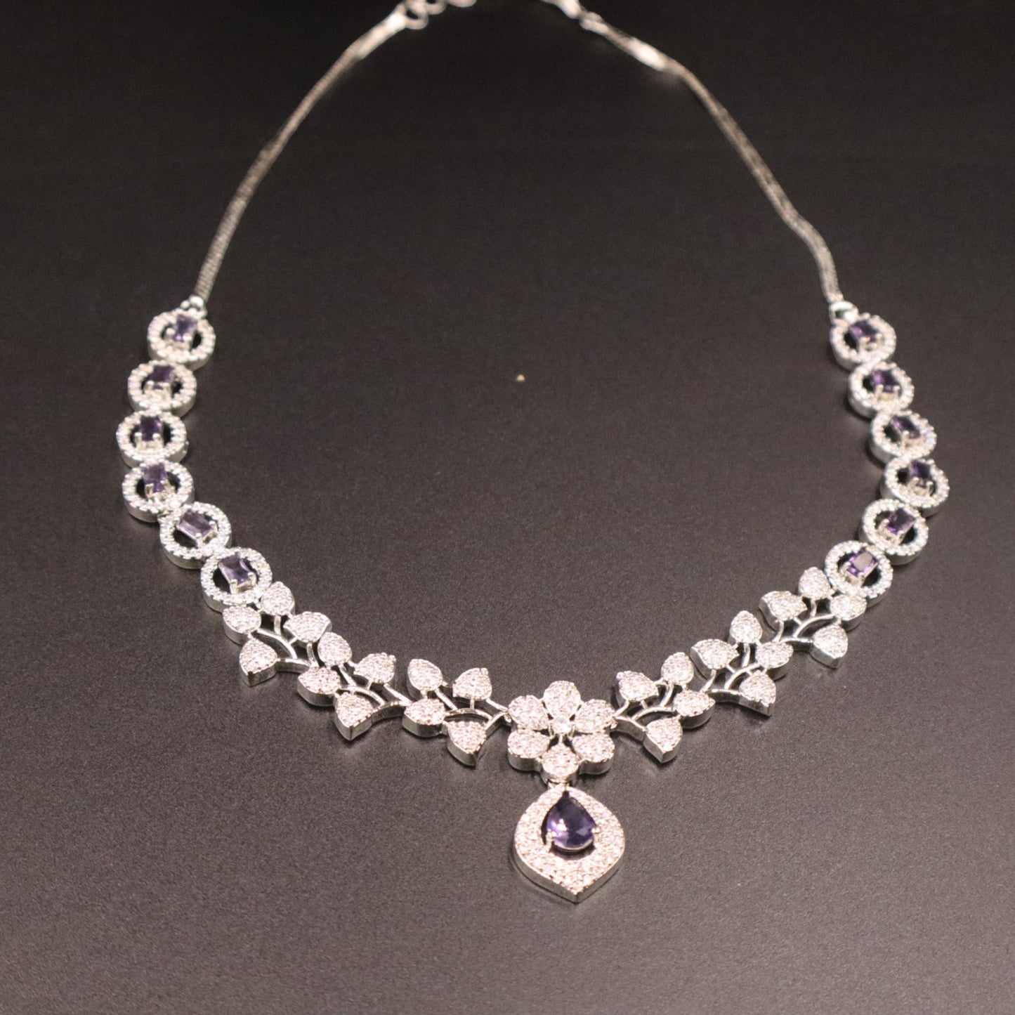 Purple Manjari American Diamond Necklace set with Maangtika