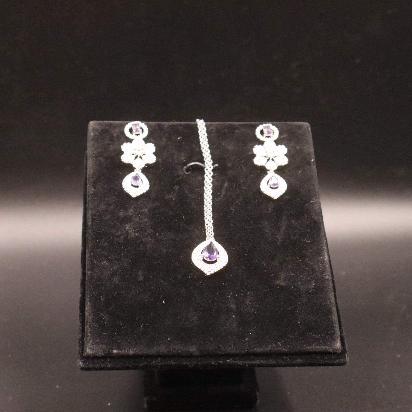 Purple Manjari American Diamond Necklace set with Maangtika