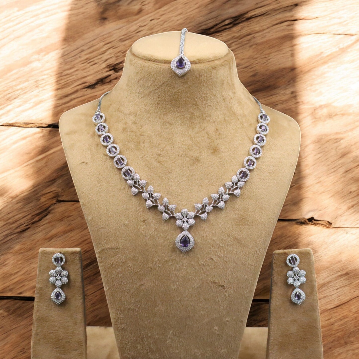 Purple Manjari American Diamond Necklace set with Maangtika