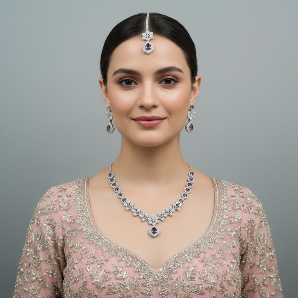 Purple Manjari American Diamond Necklace set with Maangtika