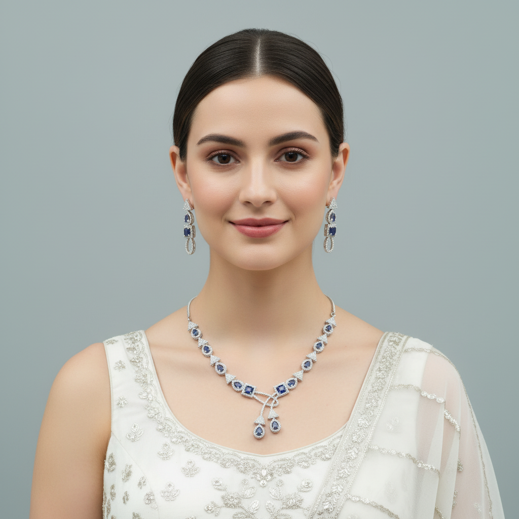 Royal Blue Parijat American Diamond Necklace set