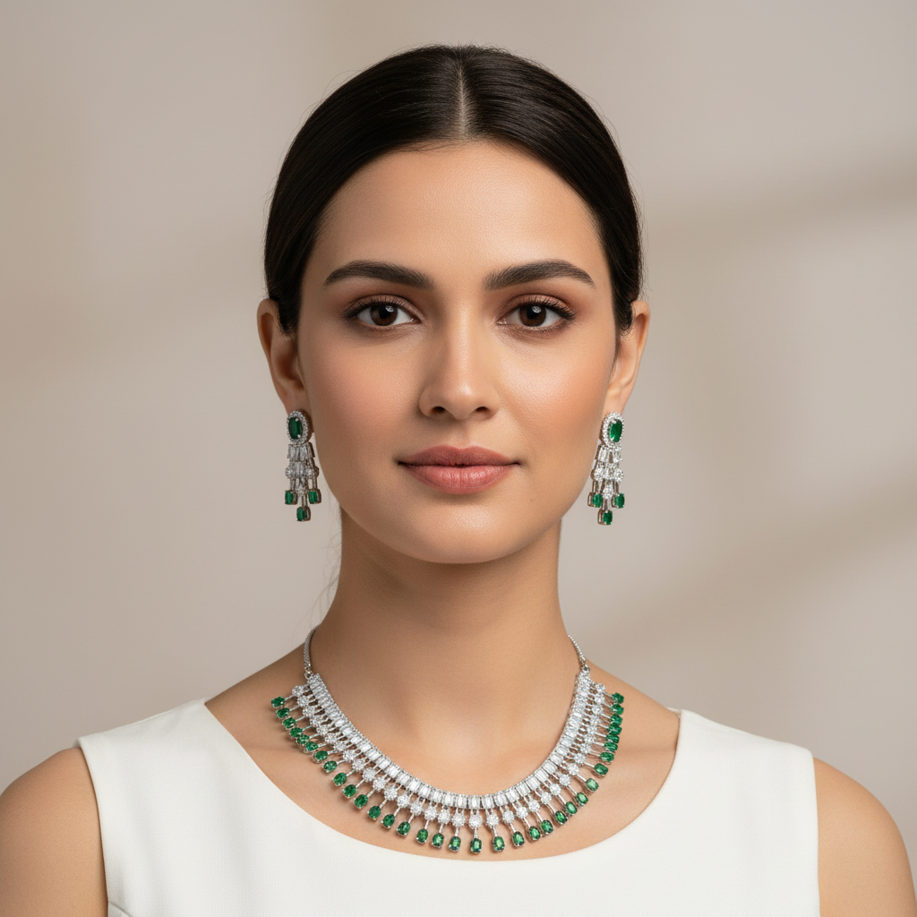 Emerald Devyani American Diamond Necklace set