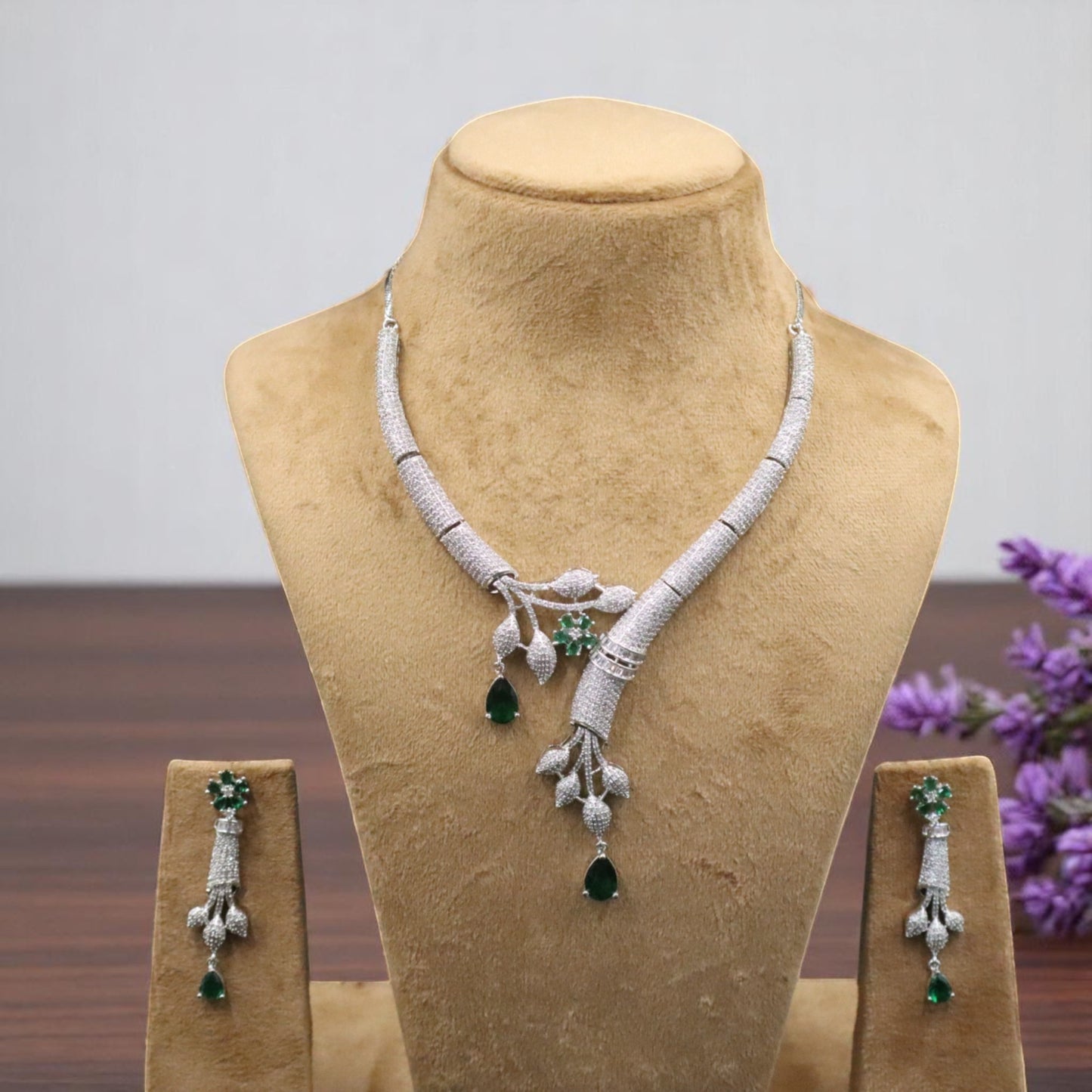 Emerald Mrinalika American Diamond Hasli Necklace set