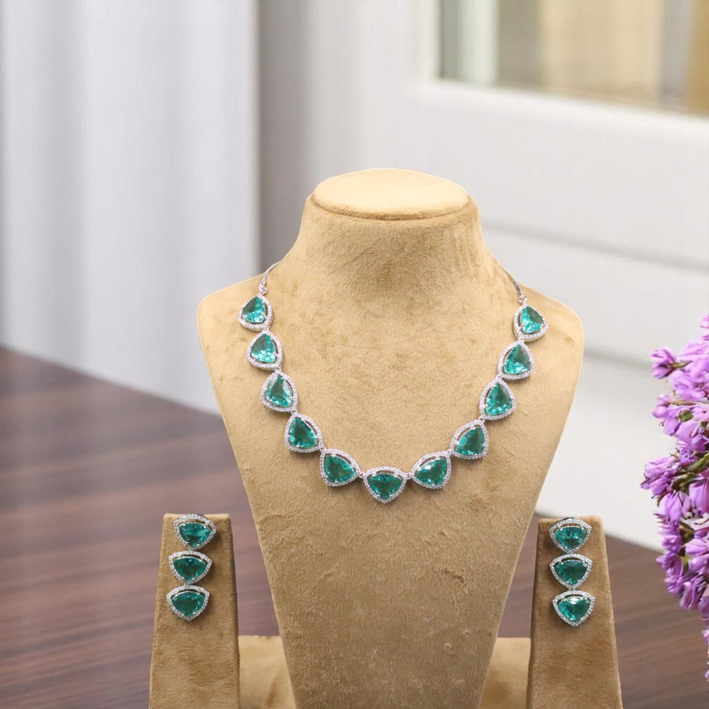 Sea Green Apsara American Diamond Necklace set
