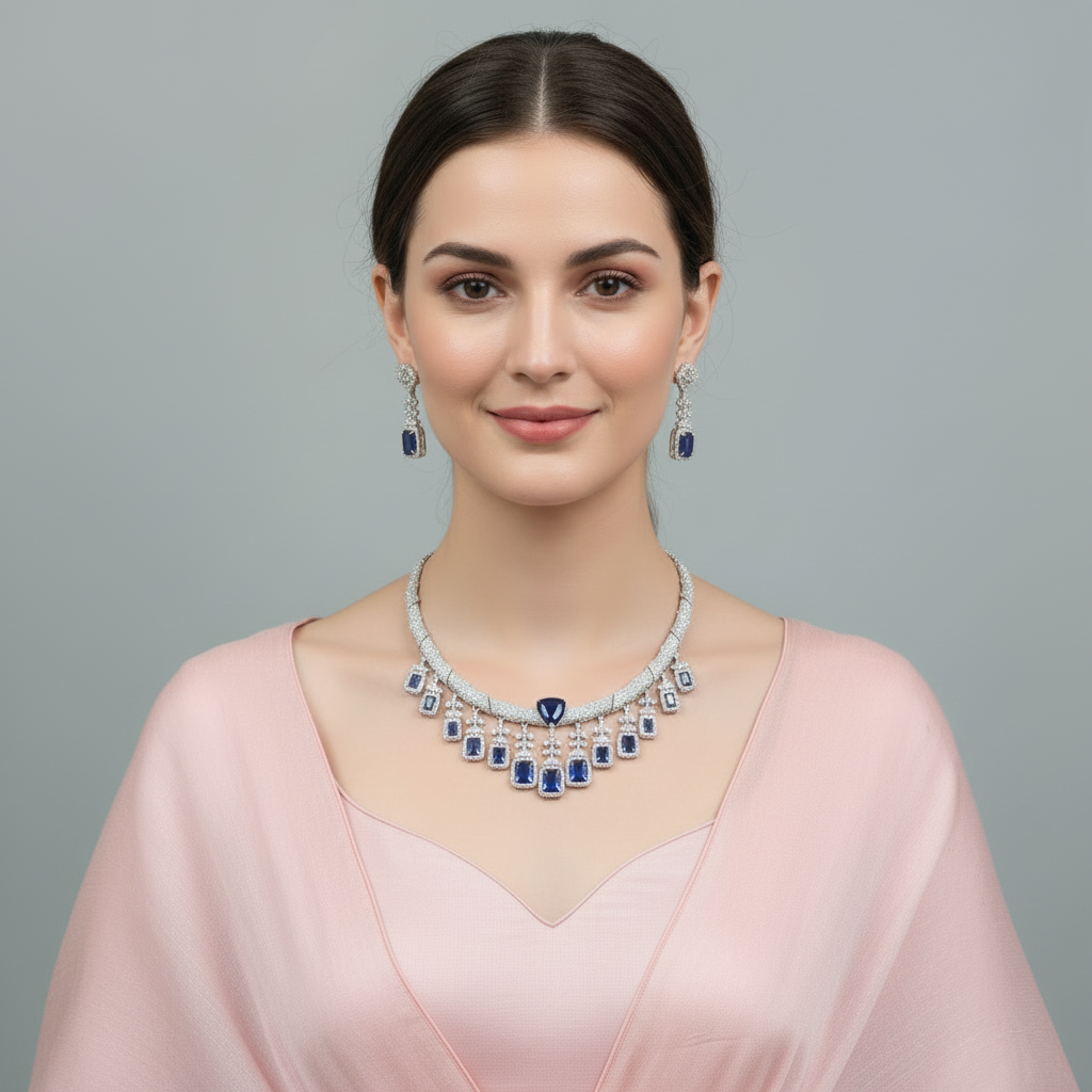 Royal Blue Anupama American Diamond Hasli Necklace set