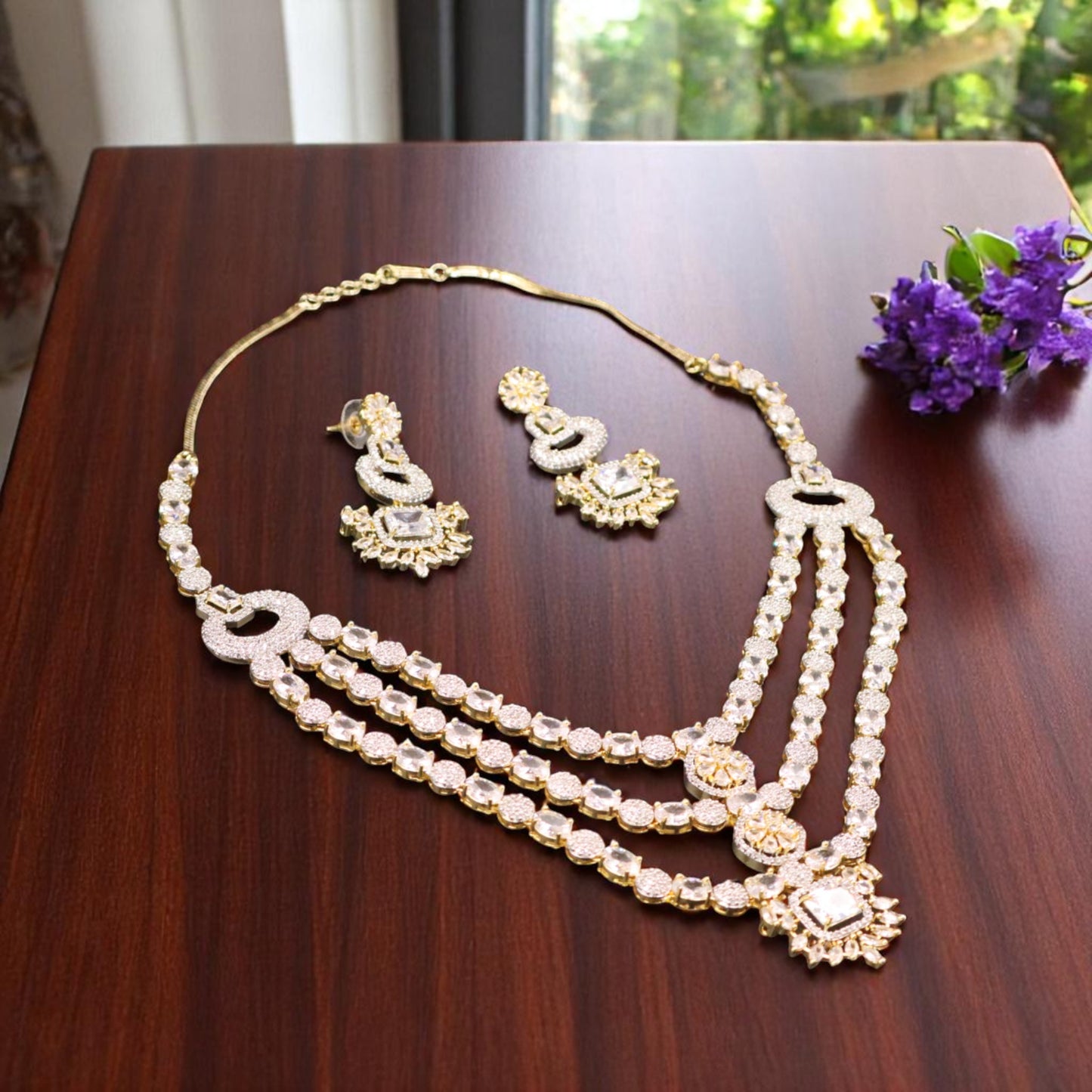 Golden Nityaprabha American Diamond Necklace set