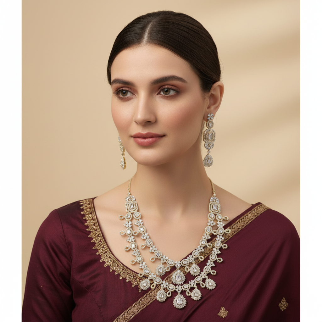 Golden Yamini American Diamond Necklace set