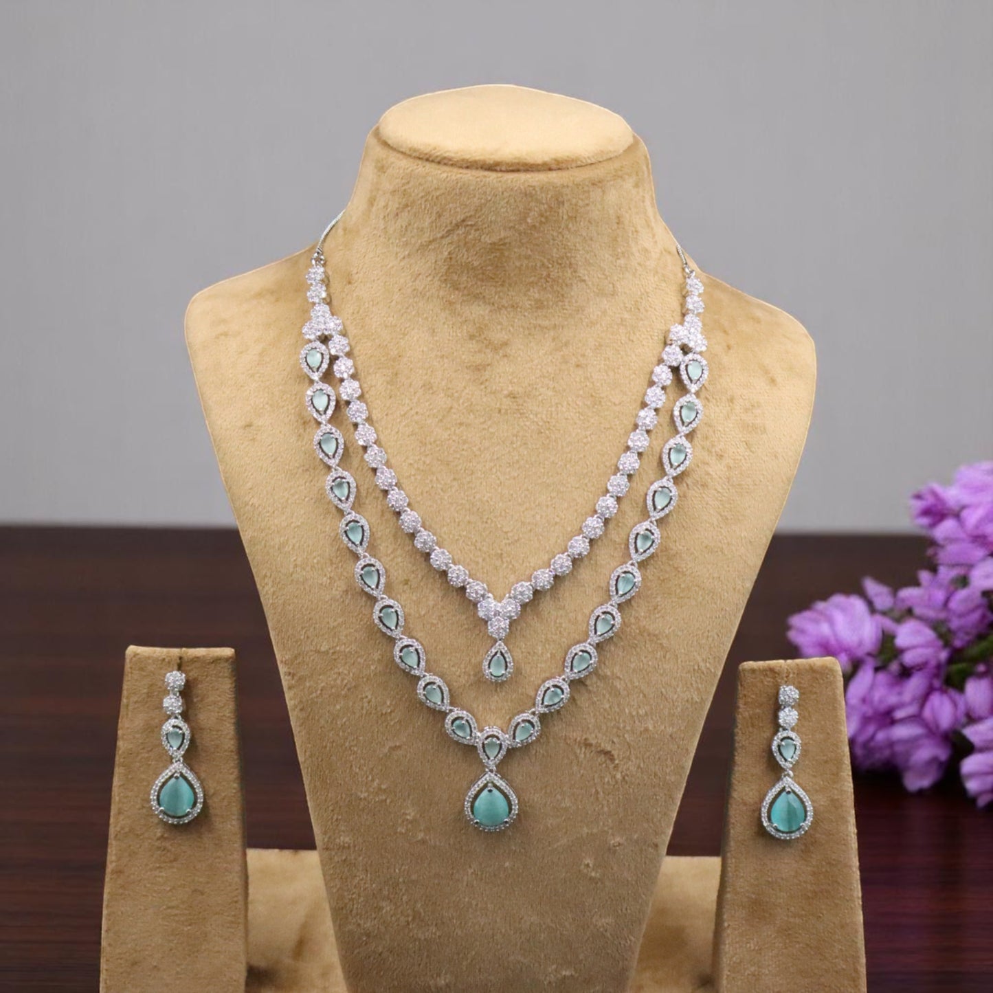 Turquoise Chandrapraba American Diamond Necklace set