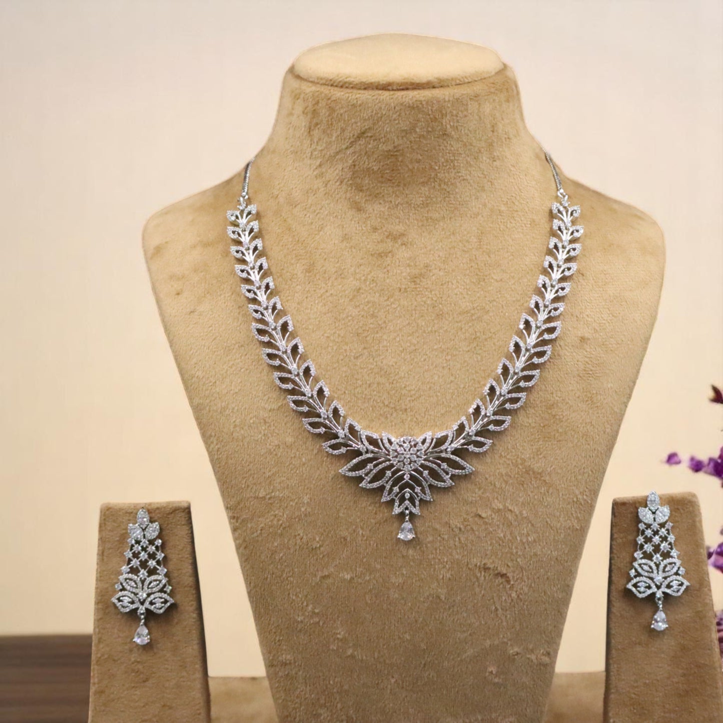 Silvery Swarnarekha American Diamond Necklace set