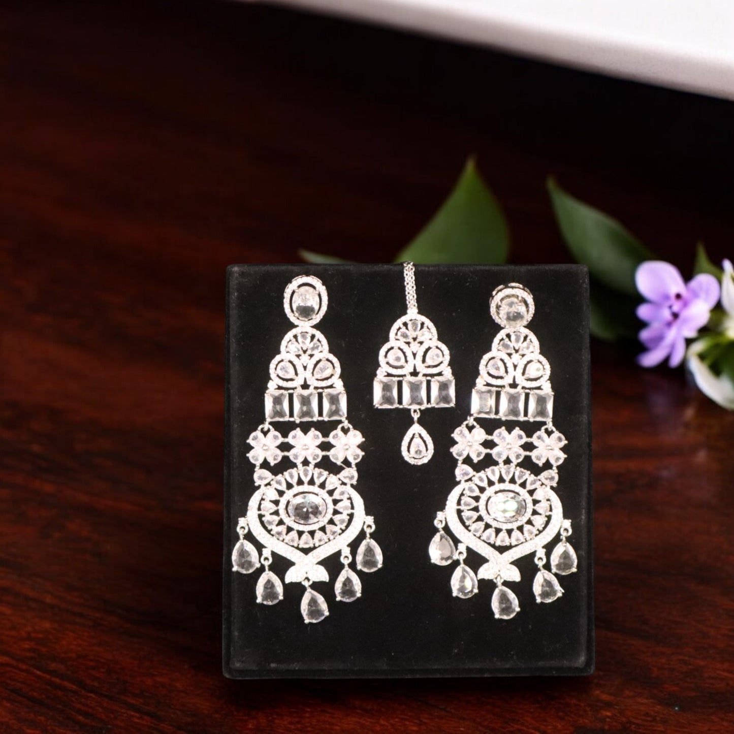 Silvery Anuradha American Diamond Necklace set with Maangtika