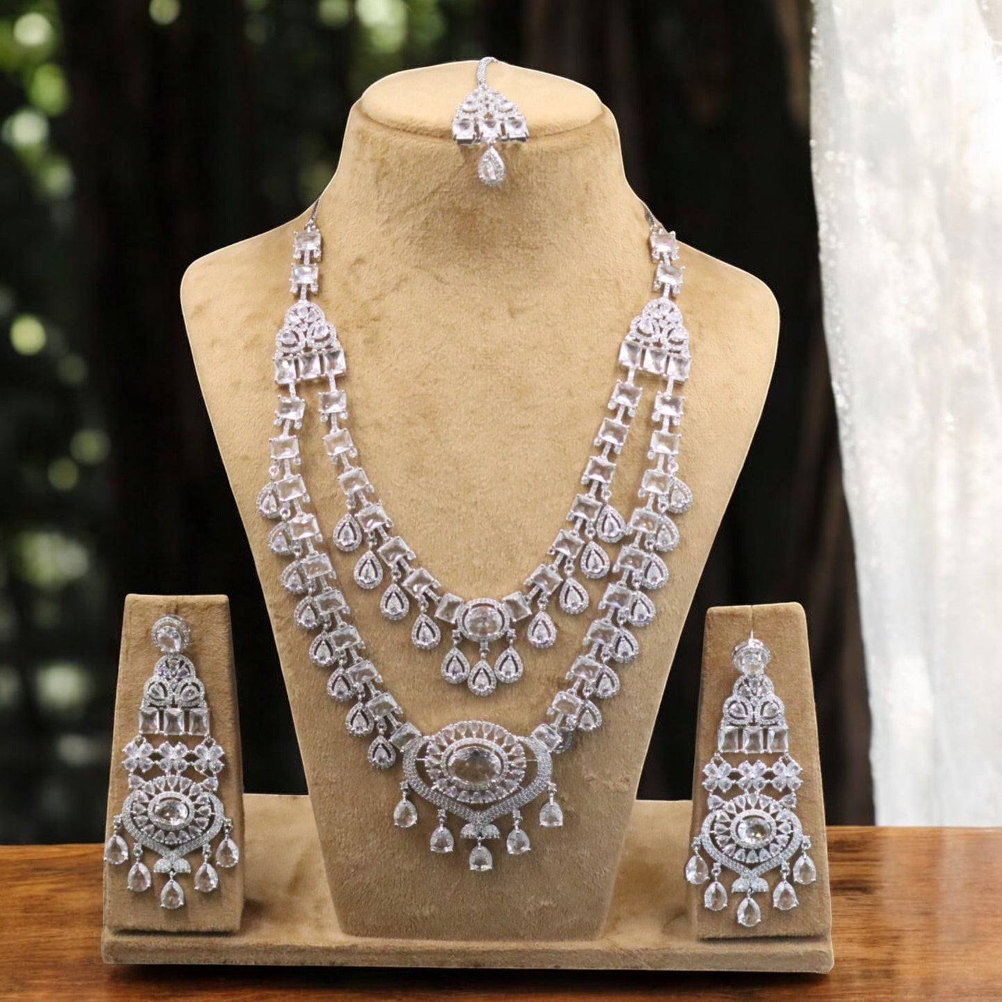 Silvery Anuradha American Diamond Necklace set with Maangtika