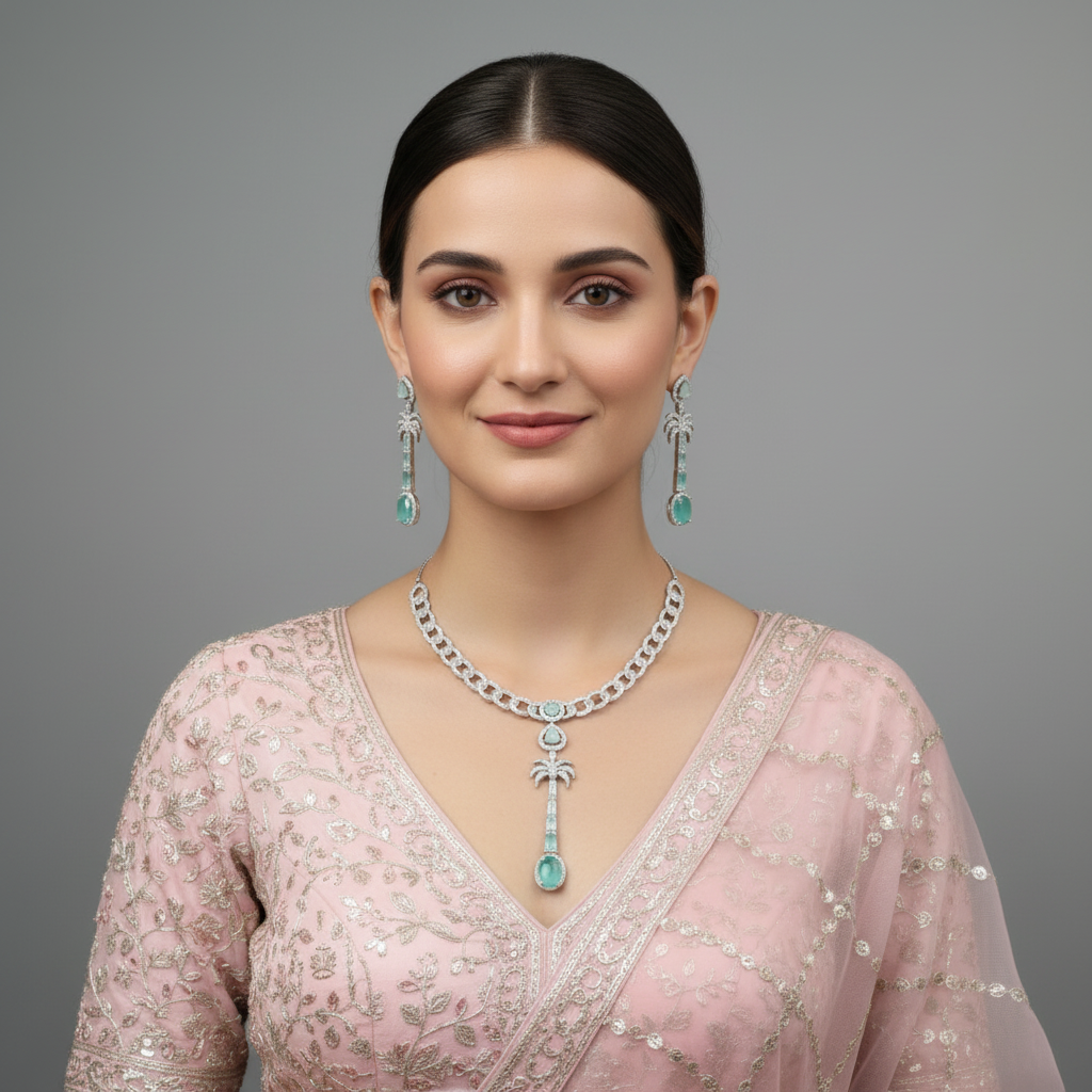 Turquoise Dhruvika American Diamond Necklace set