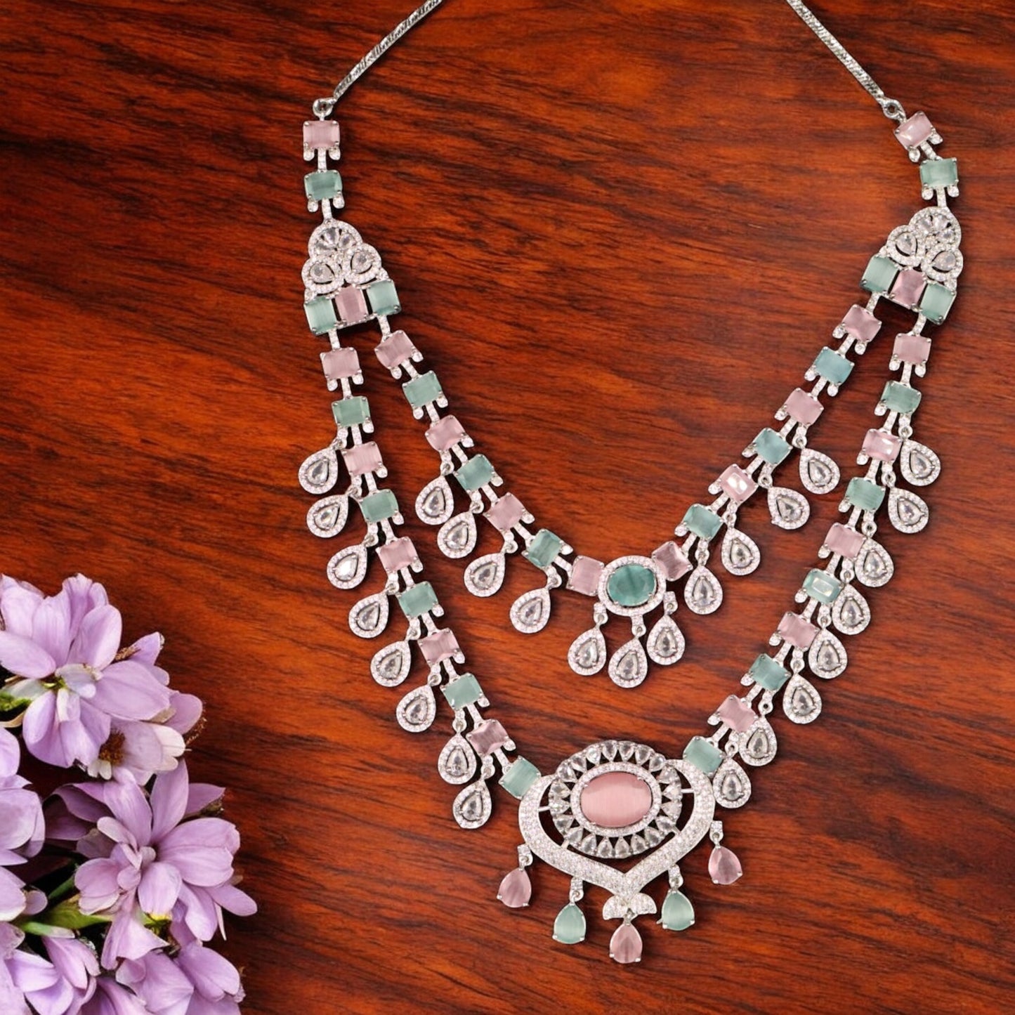 Multicolor Anuradha American Diamond Necklace set with Maangtika