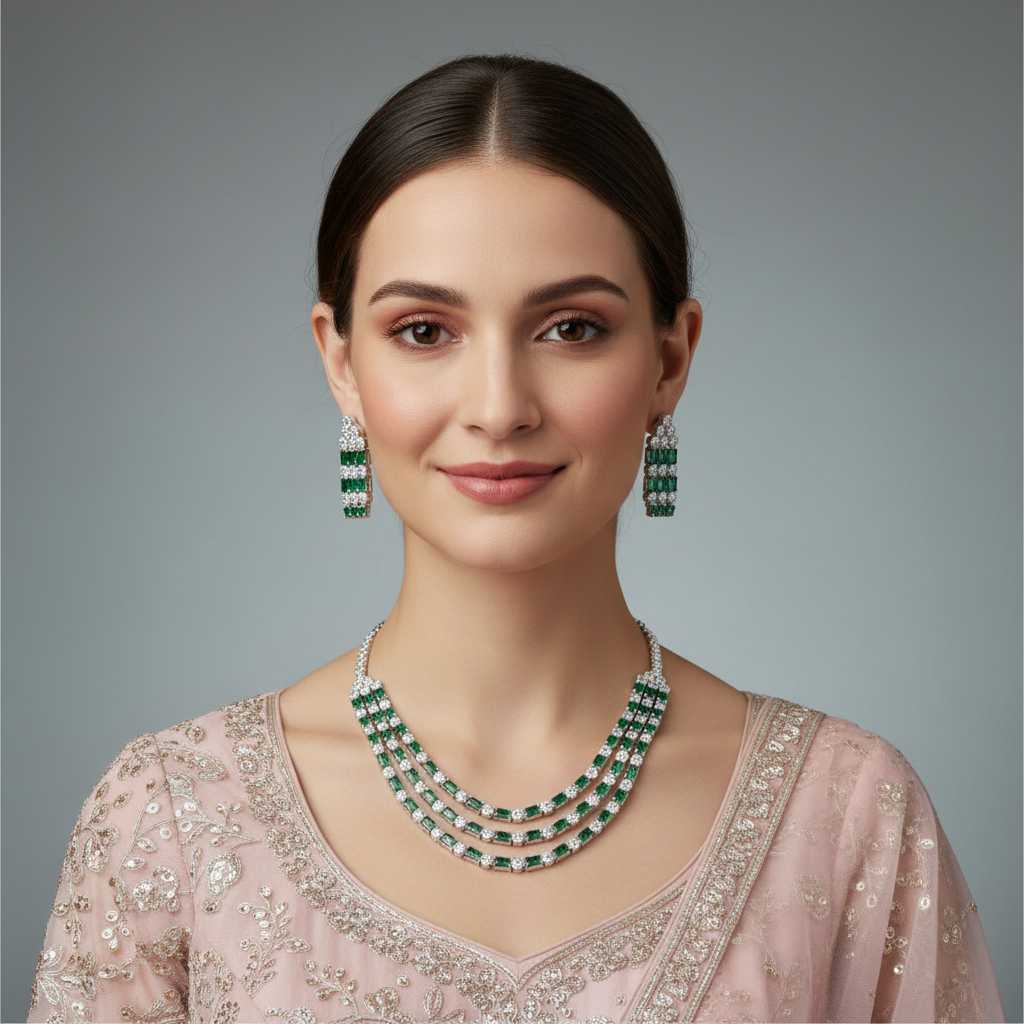 Emerald Roshni American Diamond Necklace set