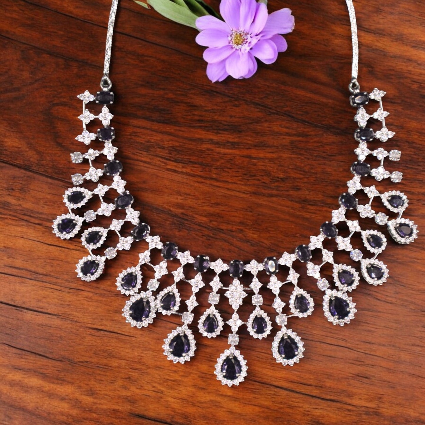 Purple Triveni American Diamond Necklace set