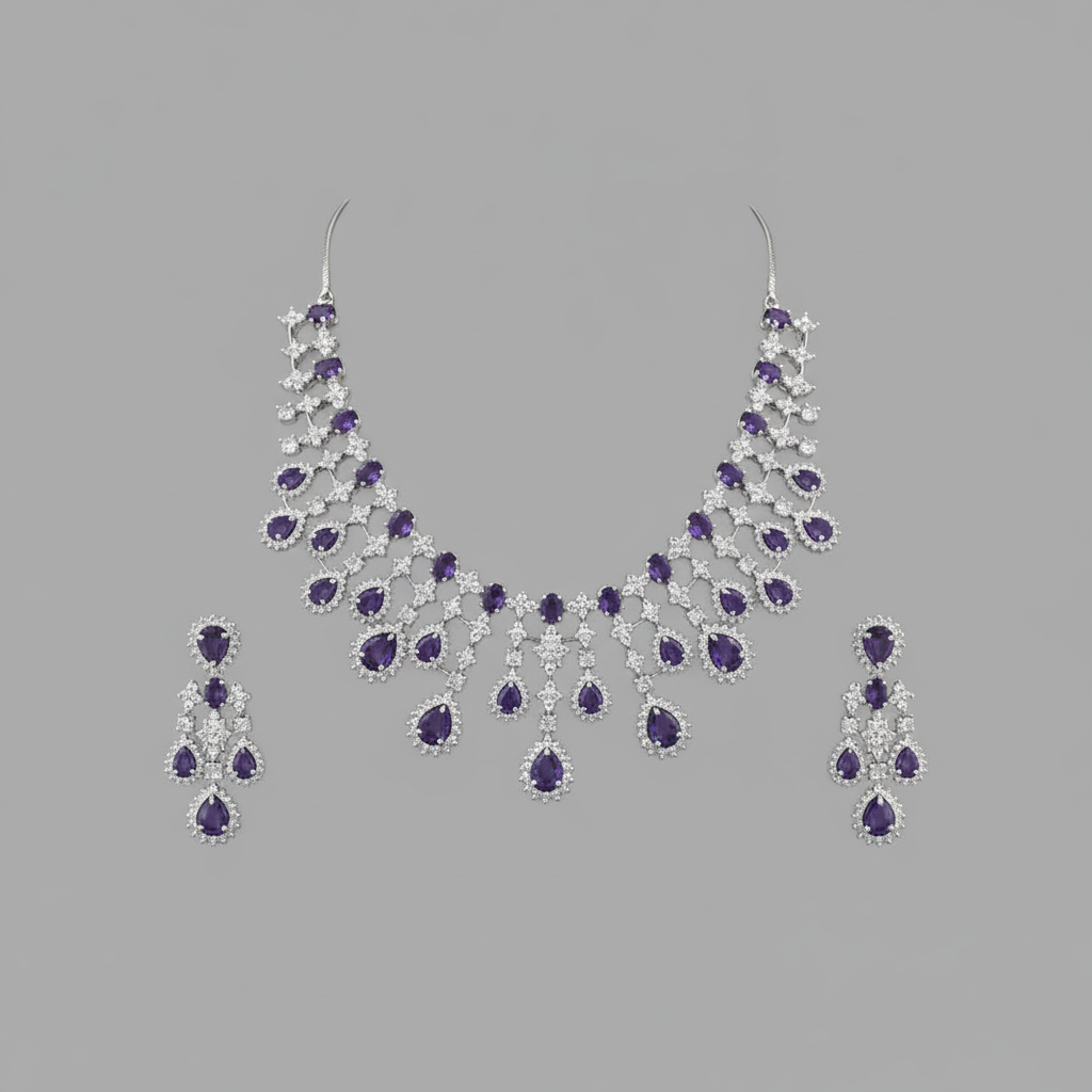 Purple Triveni American Diamond Necklace set