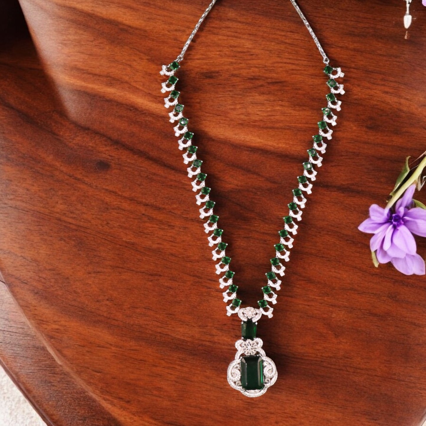 Emerald Rani American Diamond Necklace set (with Maangtika)