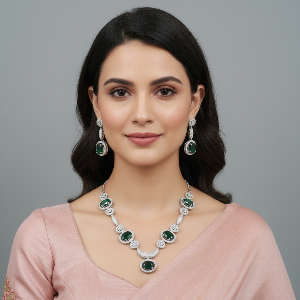 Emerald Gaurangi American Diamond Necklace set
