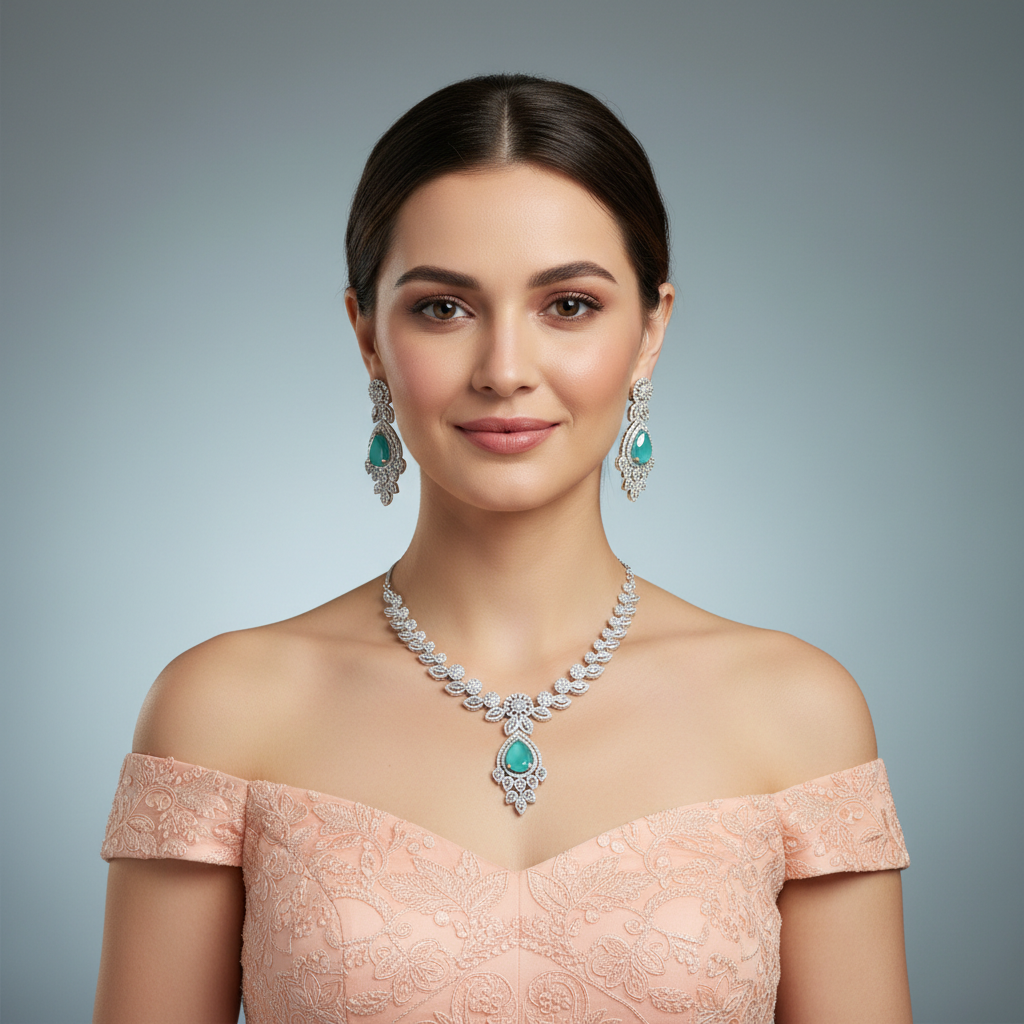 Turquoise Bhavana American Diamond Necklace set