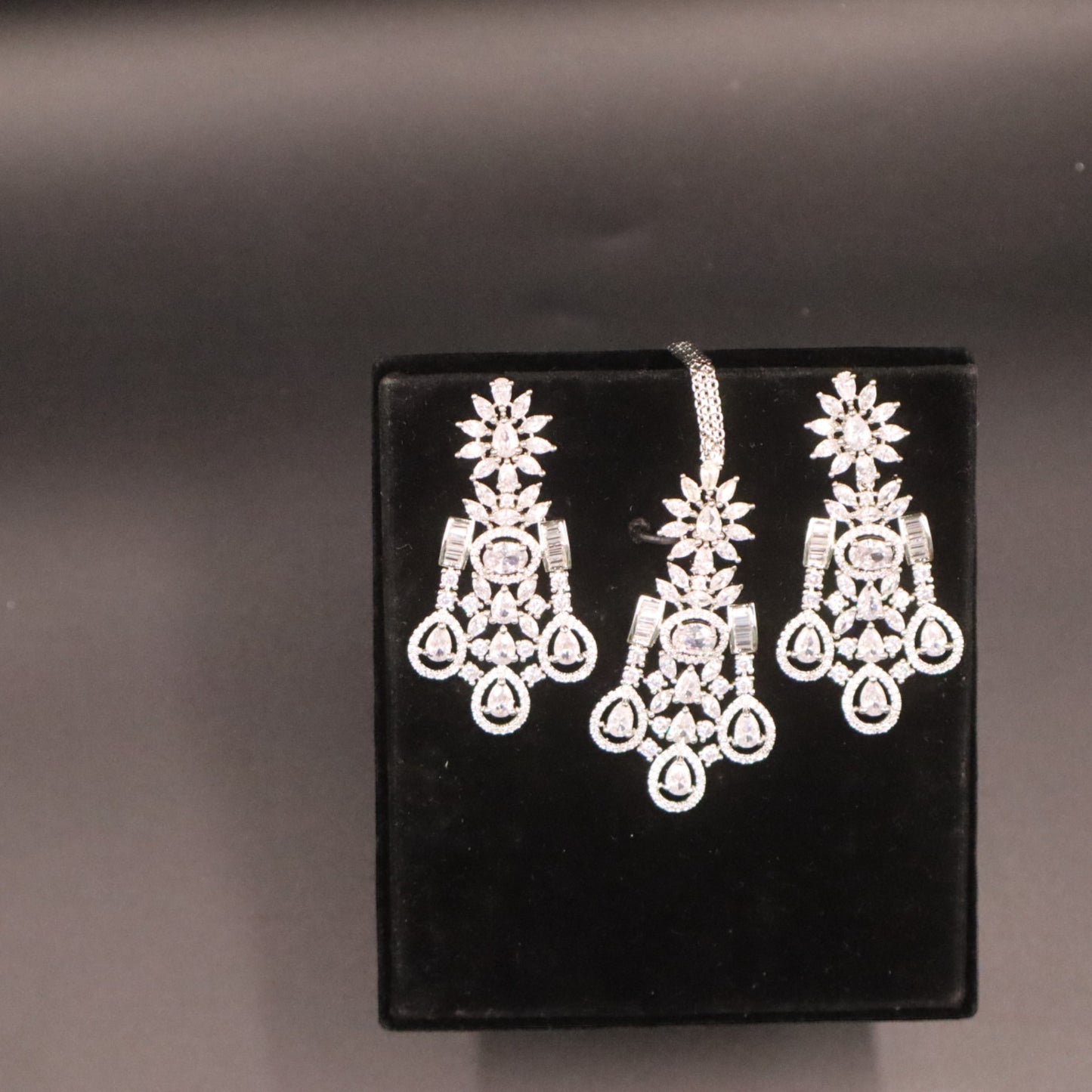 Silvery Brindavati American Diamond Necklace set with Maangtika