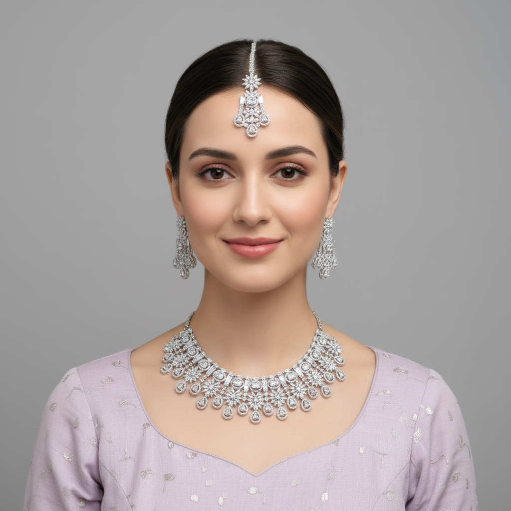 Silvery Brindavati American Diamond Necklace set with Maangtika