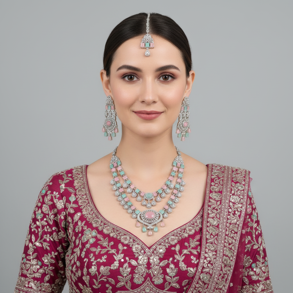 Multicolor Anuradha American Diamond Necklace set with Maangtika