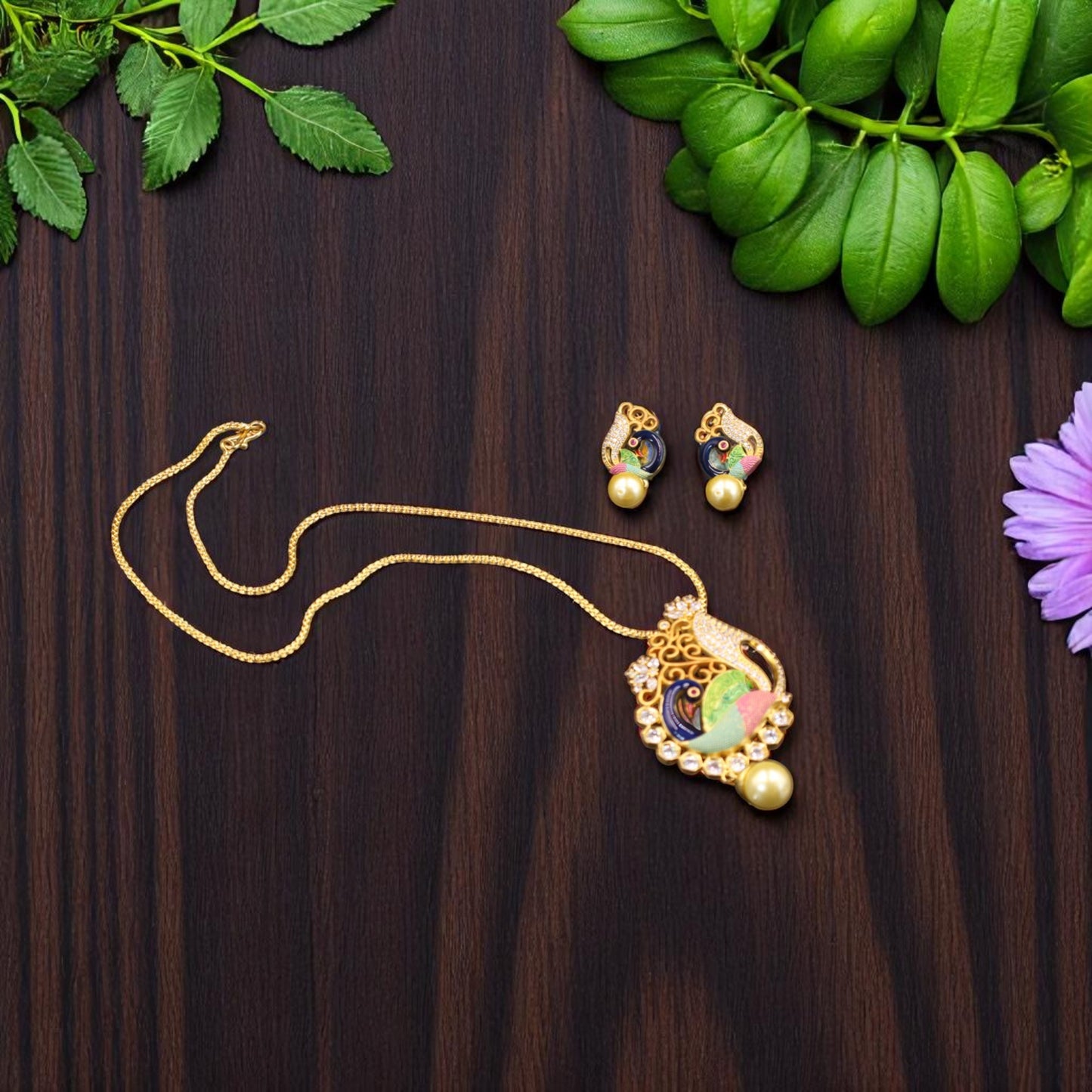 Golden Morni American Diamond Pendant set