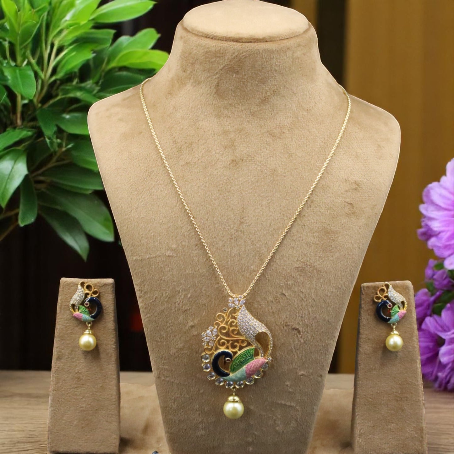 Golden Morni American Diamond Pendant set