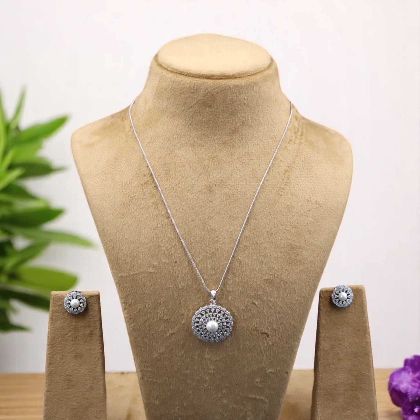 Silvery Shweta American Diamond Pendant set