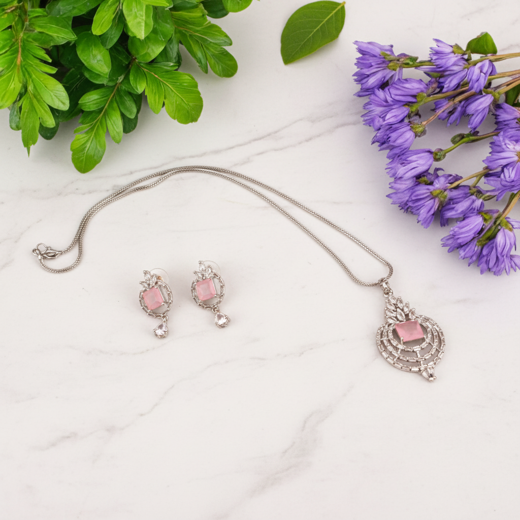 Pink Shreshta American Diamond Pendant set