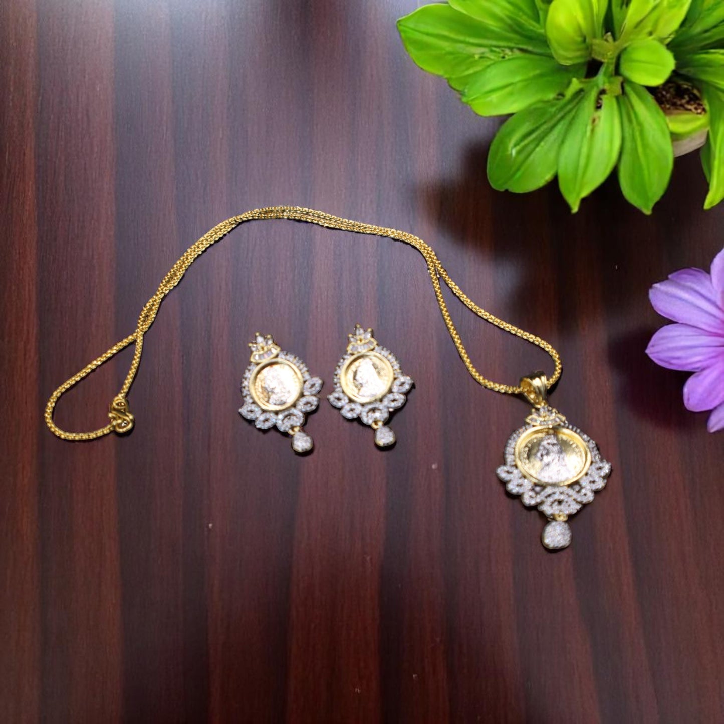 Golden Niranjana American Diamond Pendant set