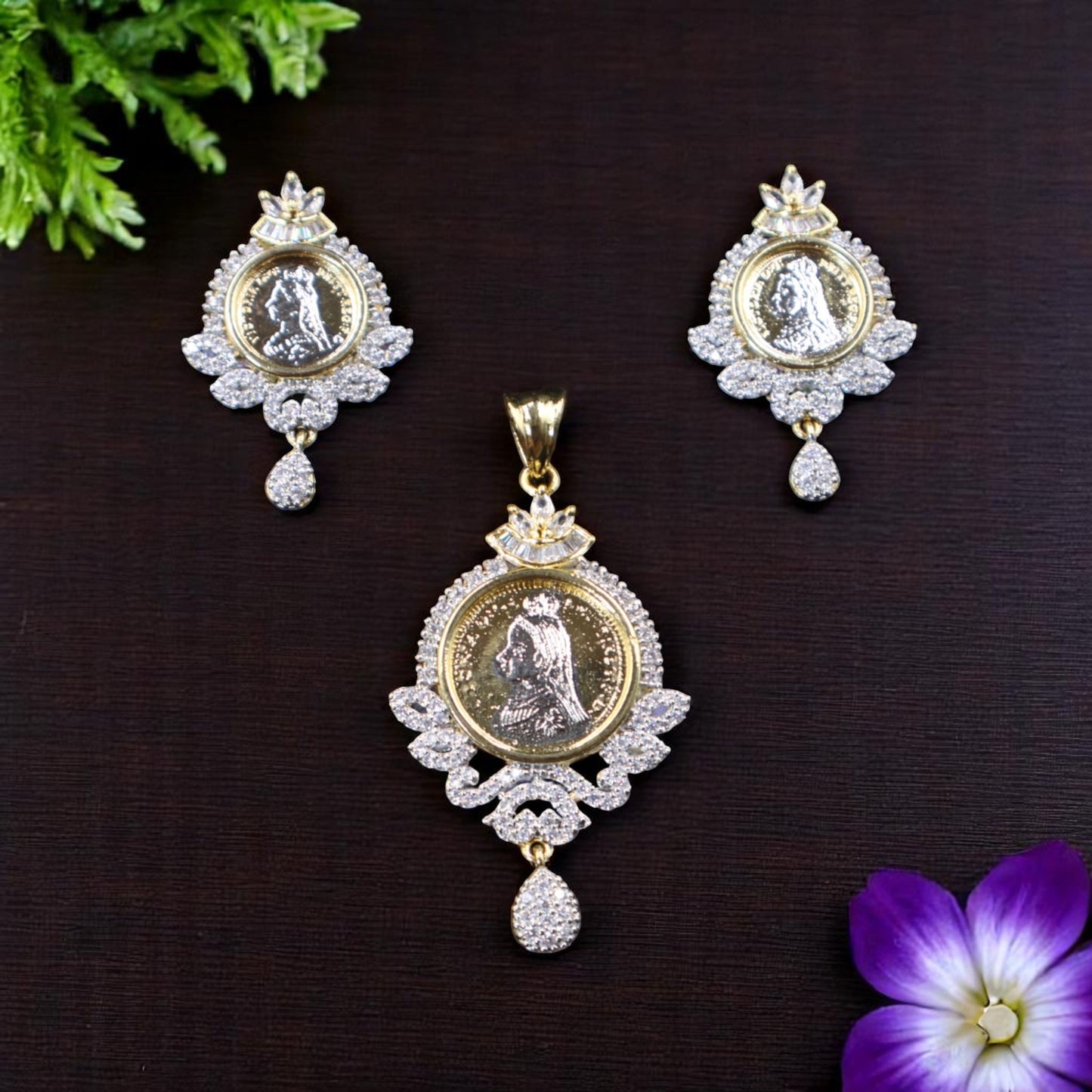 Golden Niranjana American Diamond Pendant set
