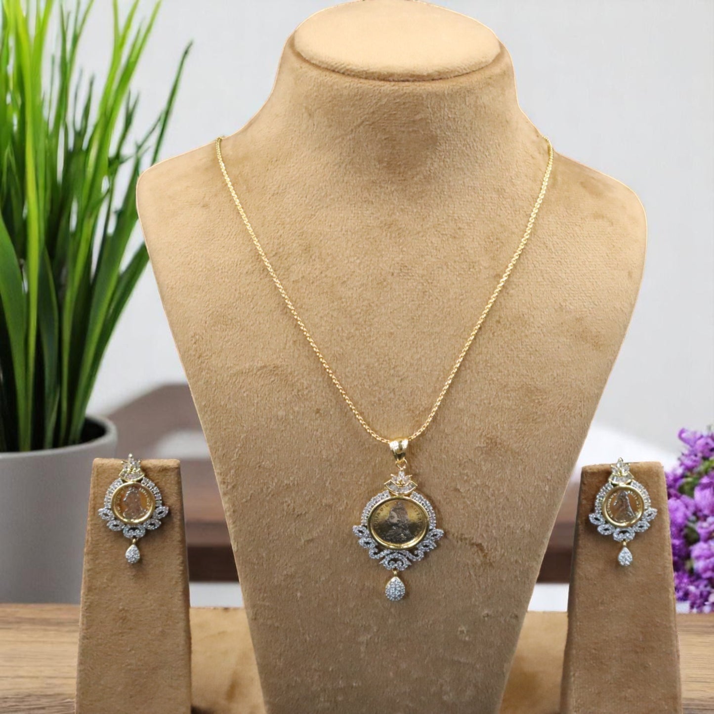Golden Niranjana American Diamond Pendant set
