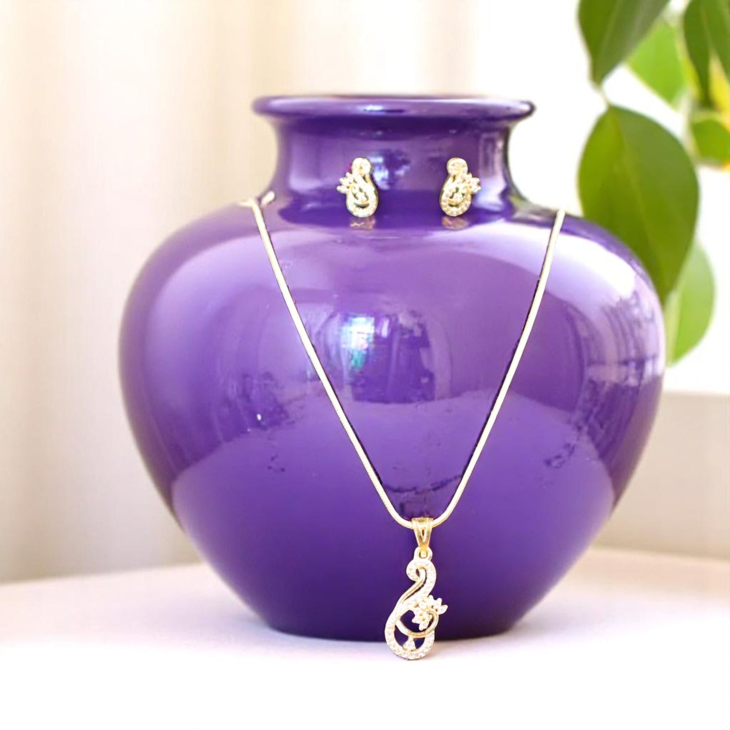 Golden Ojasvini American Diamond Pendant set